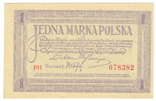 II RP, 1 marka polska 1919 PH Egzemplarz w doskonałej emisyjnej kondycji o wyśmi...