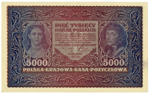 II RP, 5000 marek polskich 1920 II SERJA E Wyśmienicie zachowany banknot o ideal...