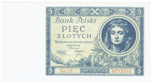 II RP, 5 złotych 1930 CP Świetnie zachowany banknot o żywej kolorystyce druku. 2...