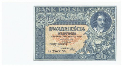 II RP, 20 złotych 1931 AB WYŚMIENITY Rzadka odmiana o wysokości liter w serii 2....