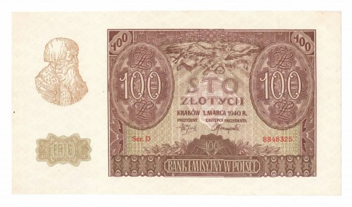 GG, 100 złotych 1940 Ser. D Egzemplarz w stanie emisyjnym o pięknej prezencji i ...