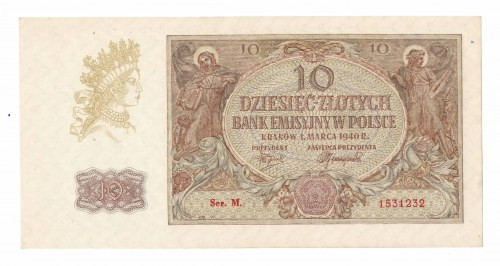 GG, 10 złotych 1940 rzadsza seria M Banknot w emisyjnym stanie zachowania, minus...