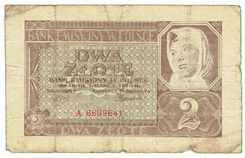 GG, 2 złote 1940 A Banknot w stanie obiegowym Banknot autorstwa Leonarda Sowińsk...