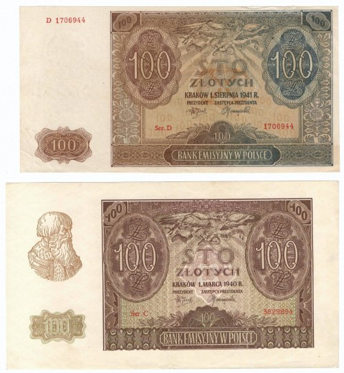 GG, 50 i 100 złotych 1940 , 100 złotych 1941 (zestaw 3 egzemplarze) Obiegowe egz...