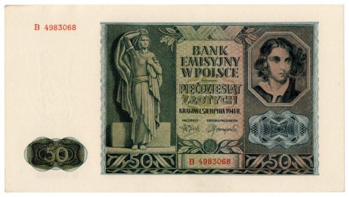 GG, 50 złotych 1941 B Bardzo dobrze zachowany banknot w emisyjnym stanie, minus ...