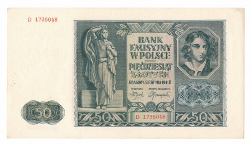 GG, 50 złotych 1941 D Bardzo dobrze zachowany banknot. Minus za przytępione naro...