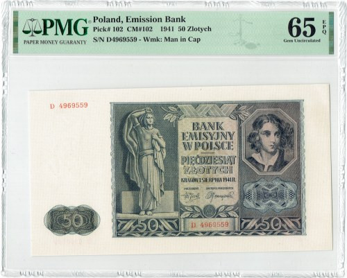 GG, 50 złotych 1941 D - PMG 65 EPQ Doskonale zachowany banknot w emisyjnym stani...