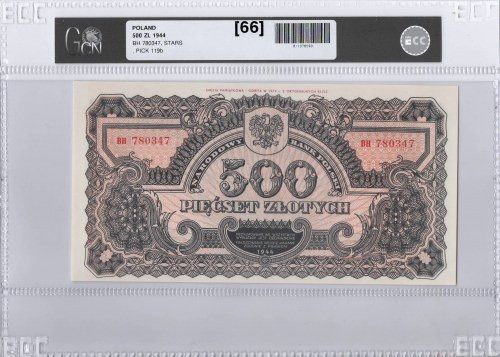 PRL, 500 złotych 1944, reprint - GCN 66 Egzemplarz w emisyjnym stanie zachowania...