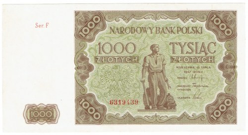 PRL, 1000 złotych 1947 Ser. F Obiegowy egzemplarz o ładnej prezencji Kilkukrotni...