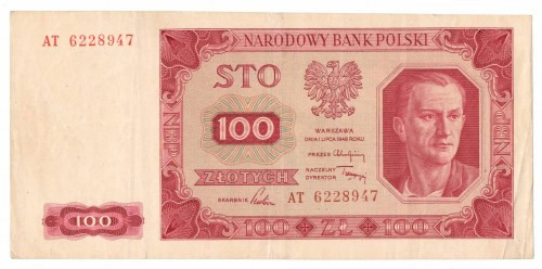 PRL, 100 złotych 1948 AT Przyjemny wizualnie egzemplarz kilkukrotnie złamany. Ba...