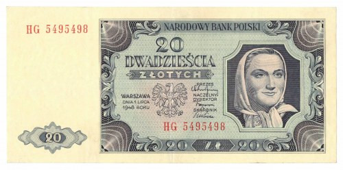 PRL, 20 złotych 1948 HG Egzemplarz wizualnie dobrze zachowany, jednak rozprostow...