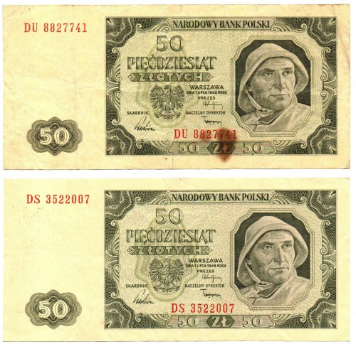 PRL, zestaw 50 złotych 1948 DU i DS - zestaw 2 egzemplarzy Zestaw wyraźnie obieg...