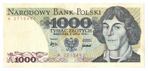 PRL, 1000 złotych 1975 A Egzemplarz kilkukrotnie złamany.
 Lubiana i poszukiwan...