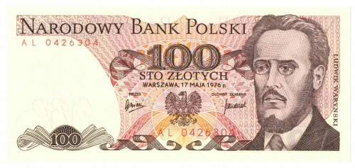 PRL, 100 złotych 1976 AL Wyśmienicie zachowany banknot w stanie emisyjnym. Bankn...