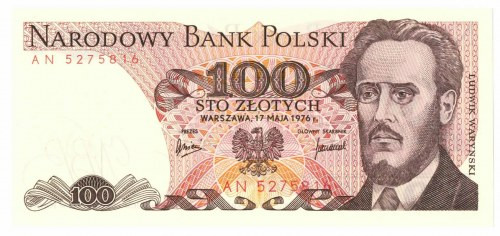 PRL, 100 złotych 1976 AN Wyśmienicie zachowany banknot w stanie emisyjnym. Bankn...