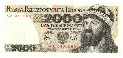 PRL, 2000 złotych 1979 AA Wyśmienicie zachowany banknot o idealnej żywej kolorys...