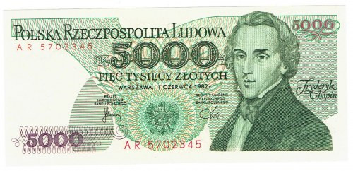 PRL, 5000 złotych 1982 AR Rzadsza seria Bardzo ładny stan zachowania, pofalowana...