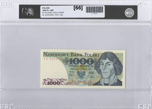 PRL, 1000 złotych 1982 KK - GCN 66 Wyśmienicie zachowany banknot o idealnej żywe...