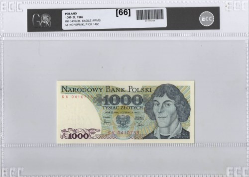 PRL, 1000 złotych 1982 KK - GCN 66 Wyśmienicie zachowany banknot o idealnej żywe...