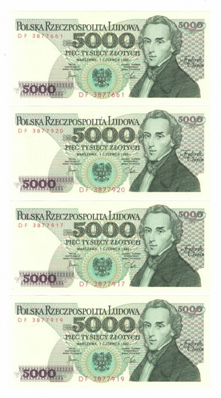 PRL, Zestaw 5000 złotych 1982 DF, - 4 sztuki Wyśmienicie zachowane banknoty o id...