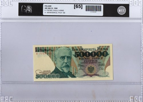 500.000 złotych 1990 K - GCN 65 Wyśmienicie zachowany okazowy egzemplarz o ideal...