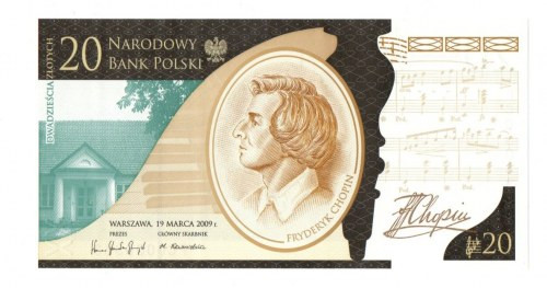 III RP, 20 złotych 2009 - Fryderyk Chopin Banknot w emisyjnym stanie zachowania,...