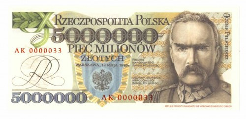 III RP, 5 mln 1995 AK - replika Egzemplarz w doskonałym emisyjnym stanie zachowa...