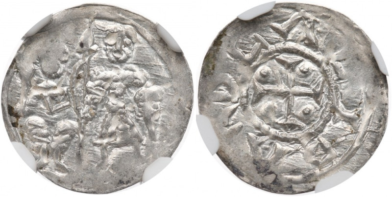 Poland, Bolislaus III, Denarius, Cracow - NGC MS64 Wyśmienity egzemplarz. Moneta...