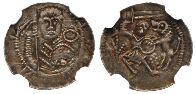 Władysław II Wygnaniec, Denar bez daty, Kraków - KSIĄŻĘ Z PROPORCEM - NGC MS63 W...