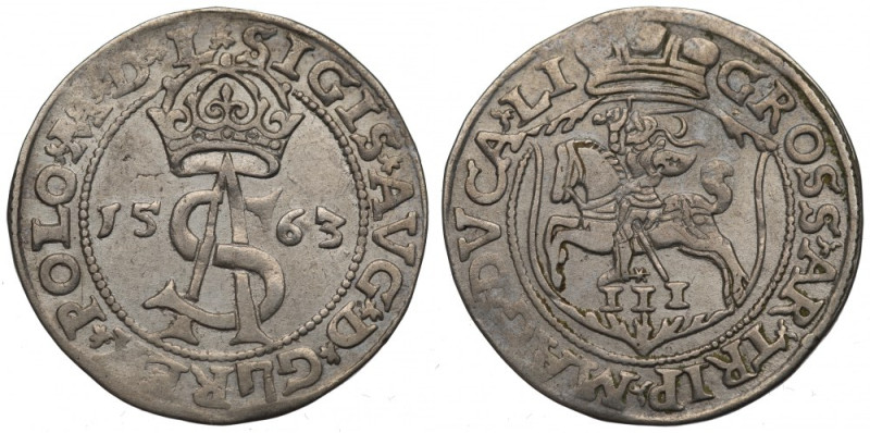 Sigismund II Augustus, 3 groschen 1563, Vilnius - L/LI Ładny egzemplarz z lekko ...