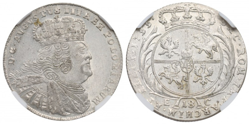 Saxony, Friedrich August II, 18 groschen 1755 - NGC MS61 Piękny, wyselekcjonowan...