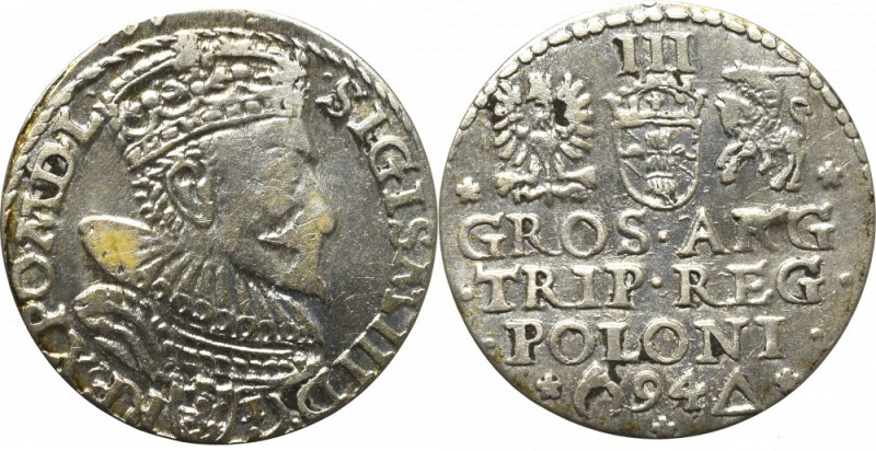 Sigismund III Vasa, 3 groschen 1594, Marienburg Obiegowy egzemplarz. Nieopisany ...