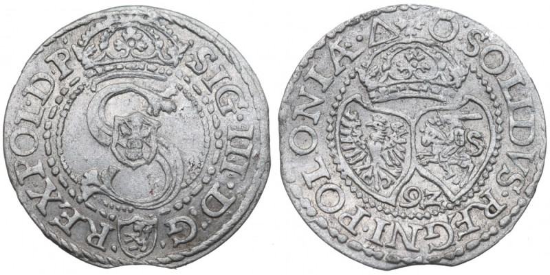 Sigismund III, Schilling 1592, Marienburg Ładny egzemplarz. Charakterystyczny sz...