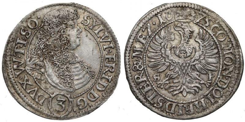 Silesia, Sylvius Friedrich, 3 kreuzer 1675, Duchy of Württemberg-Oels Bardzo ład...