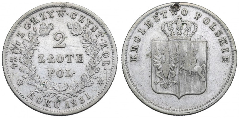 November Uprising, 2 zloty 1831 Obiegowy, czytelny egzemplarz. Widoczny ślad po ...