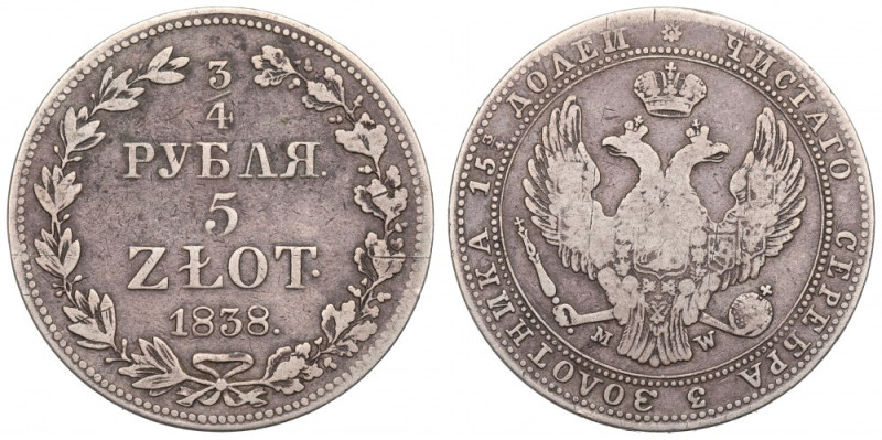 Poland under Russia, Nicholas I, 3/4 rouble=5 zloty 1838 MW Obiegowy egzemplarz ...