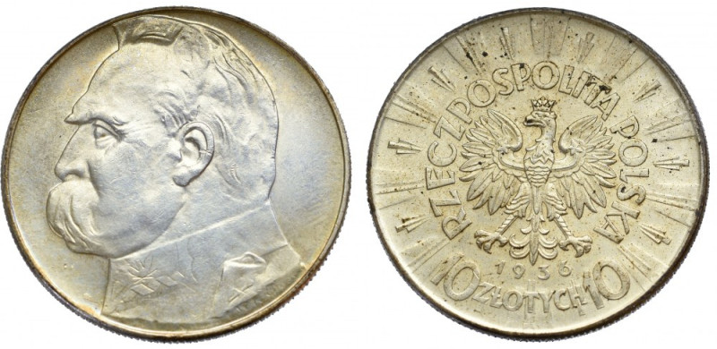 II Republic of Poland, 10 zloty 1936 Pilsudski Ładny egzemplarz w złotawej patyn...