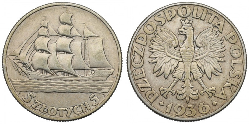 II Republic of Poland, 5 zloty 1936 Ship Egzemplarz o ładnie zachowanych detalac...