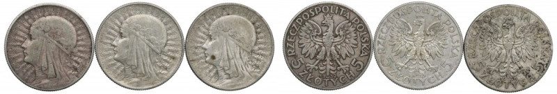 II RP, Zestaw 5 złotych 1932-34 Głowa Kobiety Komplet rocznikowy.&nbsp; 

Pole...