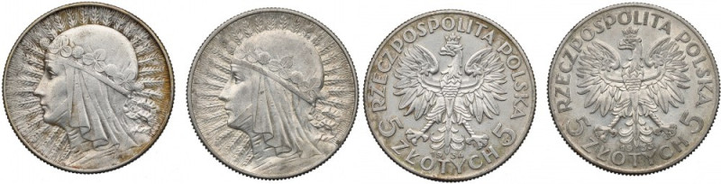 II RP, Zestaw 5 złotych 1933-34 Głowa kobiety Ładne egzemplarze z dobrze zachowa...