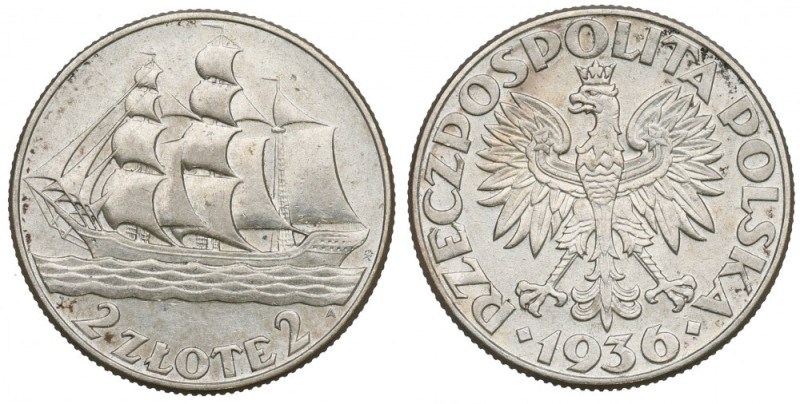 II Republic of Poland, 2 zloty 1936 Ship Ładnie zachowane detale. Nieświeżości w...