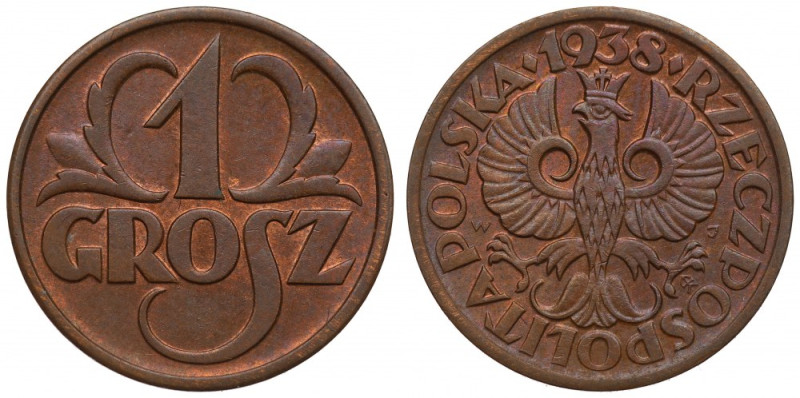 II Republic of Poland, 1 groschen 1938 Wyśmienity, menniczy egzemplarz. Lekkie s...