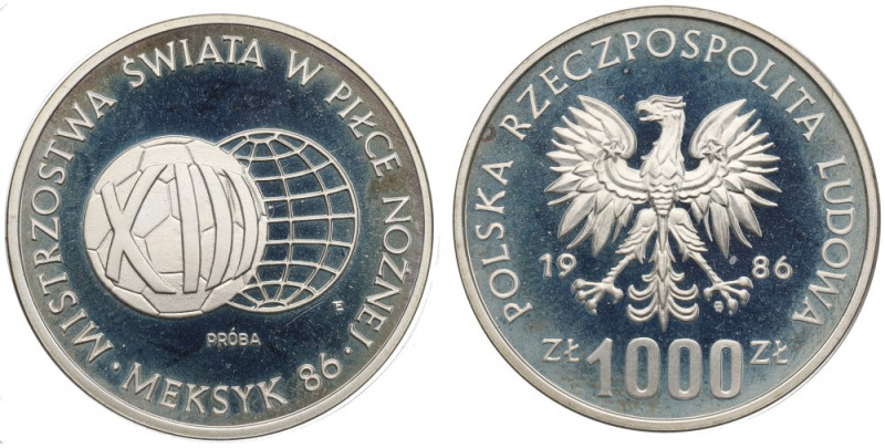 PRL, 1.000 złotych 1986 Meksyk - Próba Ag Patyna, pojedyncze skazy tła. 

Grad...