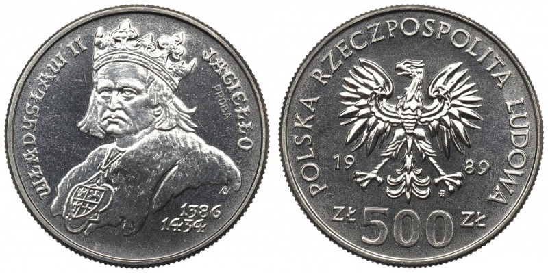 PRL, 500 złotych 1989 Jagiełło - Próba Ni Menniczy egzemplarz. Nakład 500 egz. R...