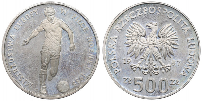 PRL, 500 złotych 1987 - Mistrzostwa Europy w Piłce Nożnej Pojedyncze skazy. 
Gr...