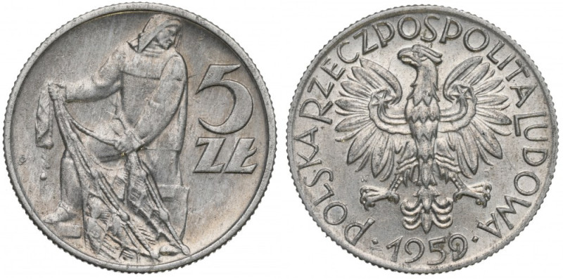 PRL, 5 złotych 1959 Rybak - słoneczko Piękny, okołomenniczy egzemplarz. Efektown...