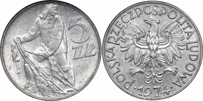 PRL, 5 zloty Fischerman 1974 Piękny, menniczy egzemplarz. Ekstremalnej rzadkości...