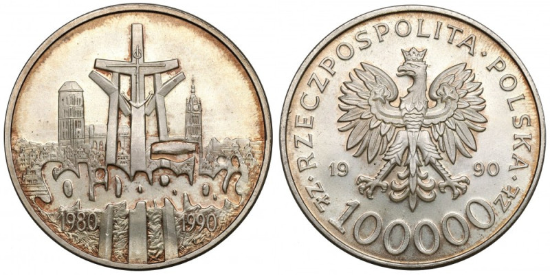 III RP, 100.000 złotych 1990 Solidarność typ A Menniczy egzemplarz. 
Reference:...