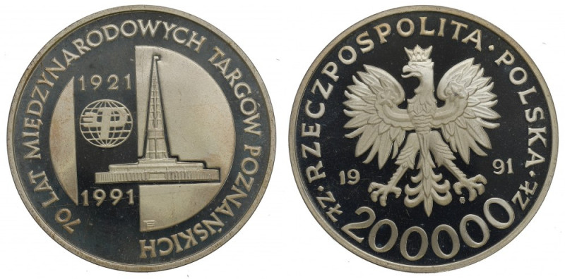 III RP, 200 000 zł, 70th Poznań International Fair 1921-1991 Skazy tła. Moneta w...