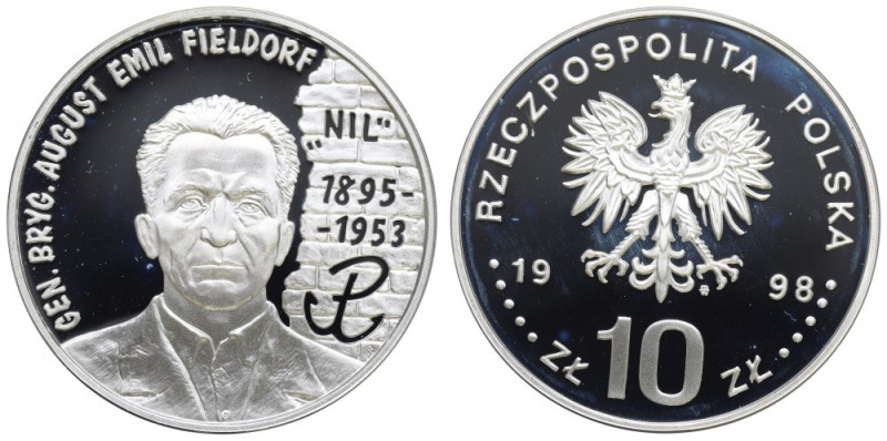 III RP, 10 złotych 1998 gen. bryg. August Emil Fieldorf Nil Skazy tła. Srebro .9...